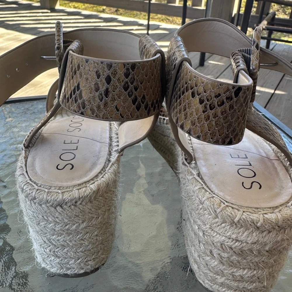 Sole Society Audrina Snakeskin Espadrille‎ Wedge Sandals Brown Womens 9M